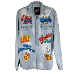 Copper Rivet Light Blue Denim Shirt Snap Button Graphic Prints Large
